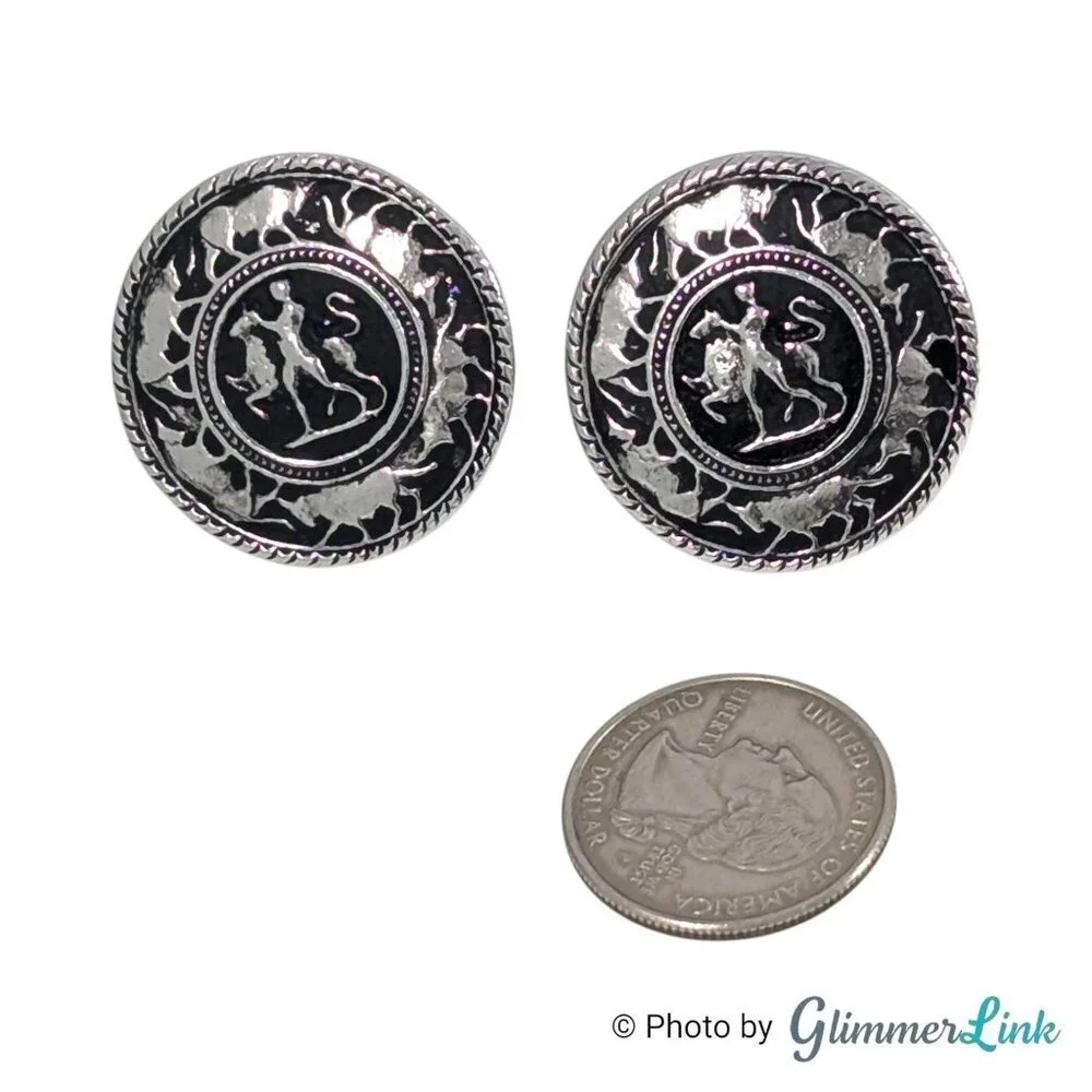 Vintage Matador Bullfighter Bull Round Black Enamel Silver Tone Cufflinks